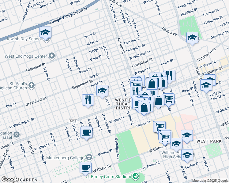 map of restaurants, bars, coffee shops, grocery stores, and more near 2022 West Washington Street in Allentown