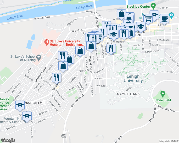 map of restaurants, bars, coffee shops, grocery stores, and more near 630 Bradley Street in Bethlehem