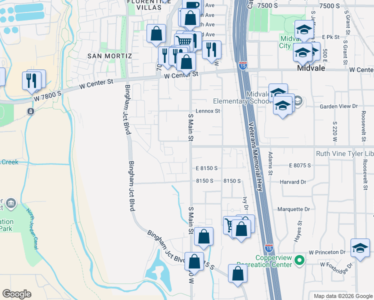 map of restaurants, bars, coffee shops, grocery stores, and more near 8038 South Main Street in Midvale