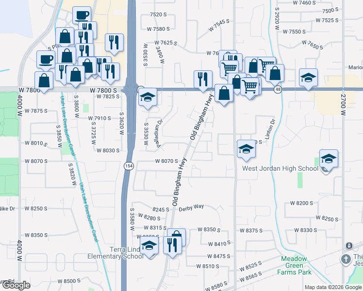 map of restaurants, bars, coffee shops, grocery stores, and more near 3400 West 8070 South in West Jordan