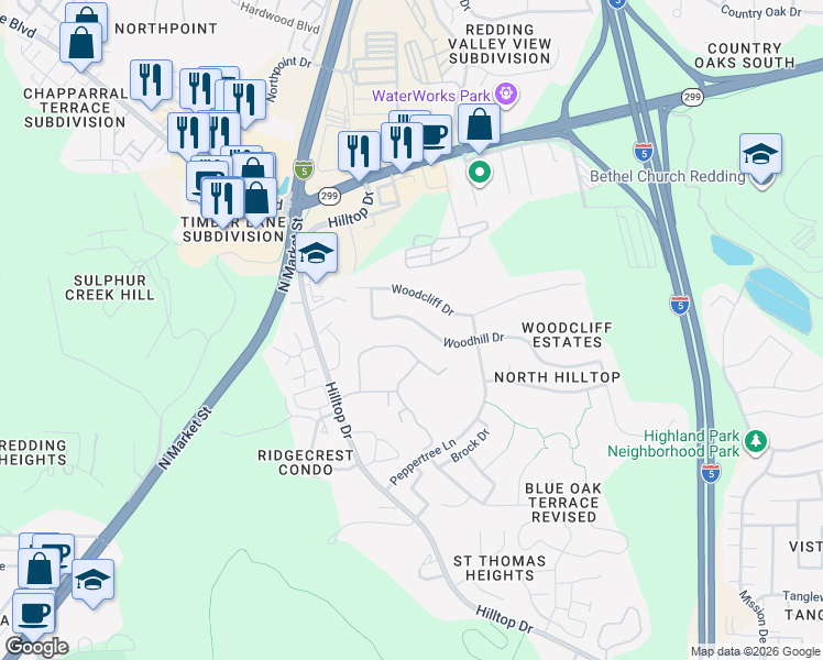 map of restaurants, bars, coffee shops, grocery stores, and more near 263 Woodhill Dr in Redding