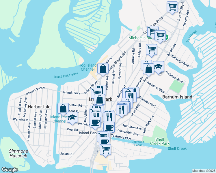 map of restaurants, bars, coffee shops, grocery stores, and more near 77 Parma Road in Island Park