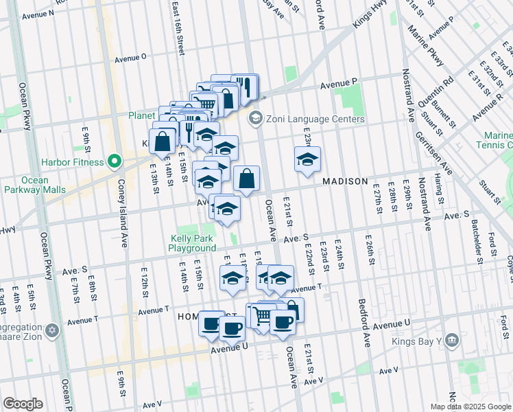 map of restaurants, bars, coffee shops, grocery stores, and more near 2330 Ocean Avenue in Brooklyn