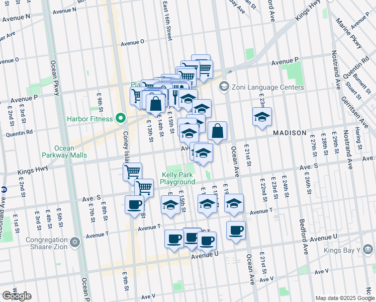 map of restaurants, bars, coffee shops, grocery stores, and more near 1836 East 17th Street in Brooklyn