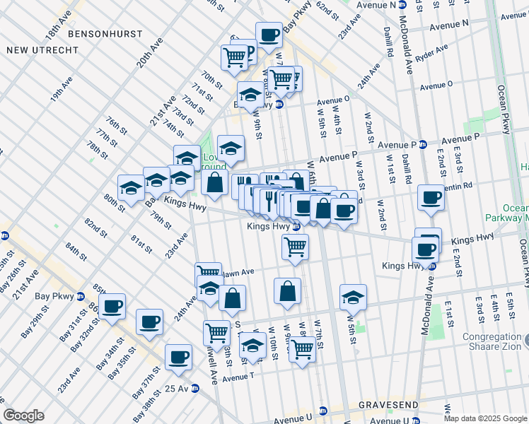 map of restaurants, bars, coffee shops, grocery stores, and more near 1720 West 10th Street in Brooklyn