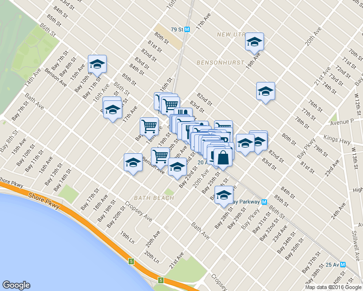 map of restaurants, bars, coffee shops, grocery stores, and more near 8637 19th Avenue in Brooklyn