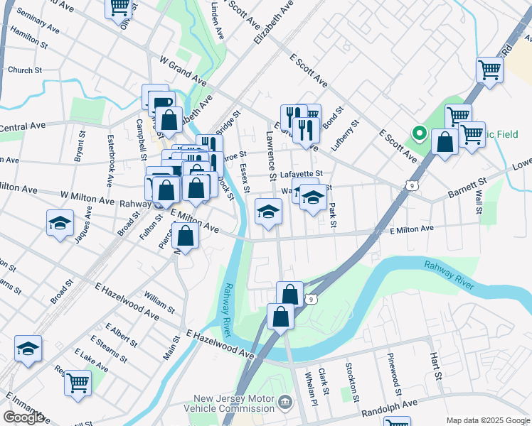 map of restaurants, bars, coffee shops, grocery stores, and more near 1566 Lawrence Street in Rahway