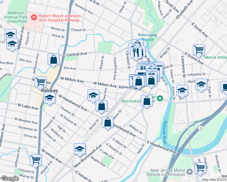 map of restaurants, bars, coffee shops, grocery stores, and more near 60 West Emerson Avenue in Rahway