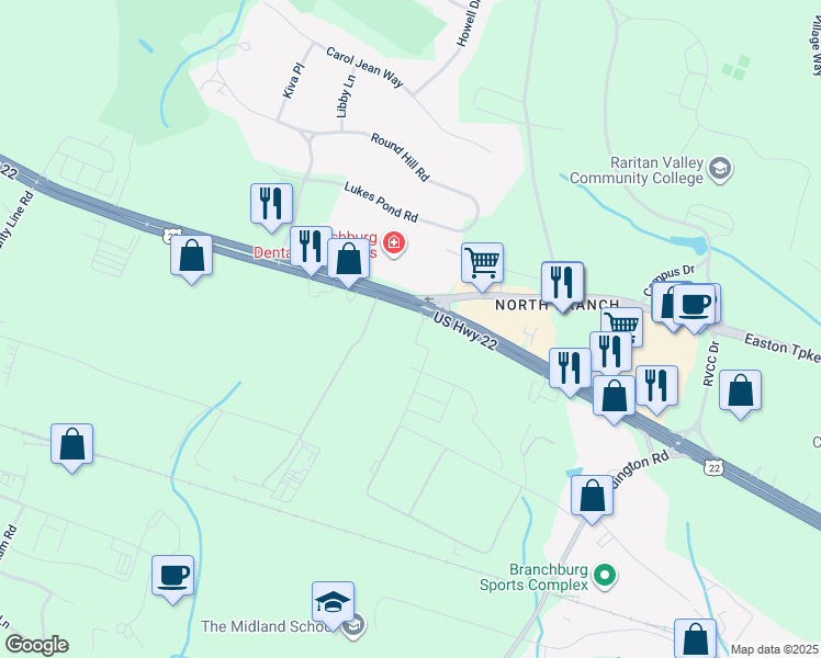 map of restaurants, bars, coffee shops, grocery stores, and more near 3305 U.S. 22 in Somerville