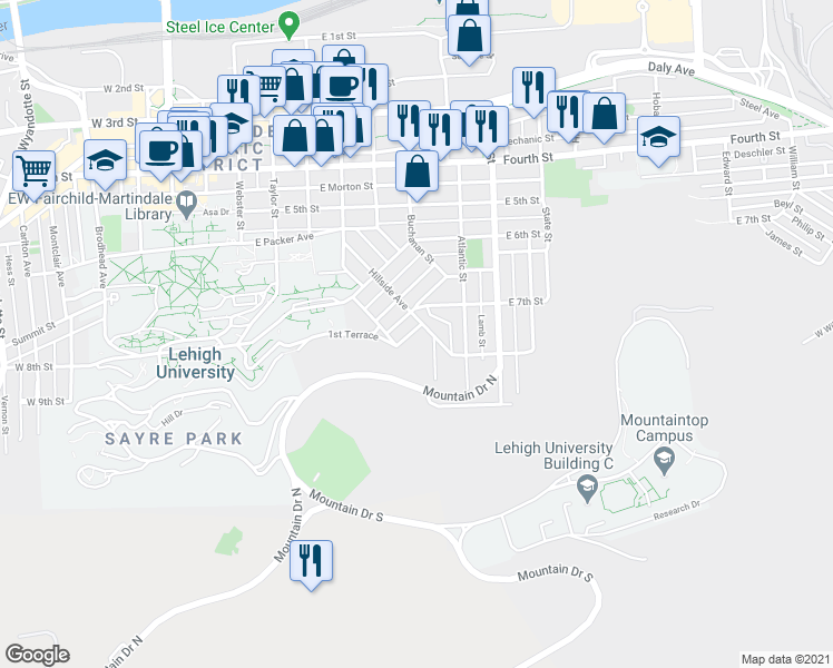 map of restaurants, bars, coffee shops, grocery stores, and more near 816 Hillside Avenue in Bethlehem