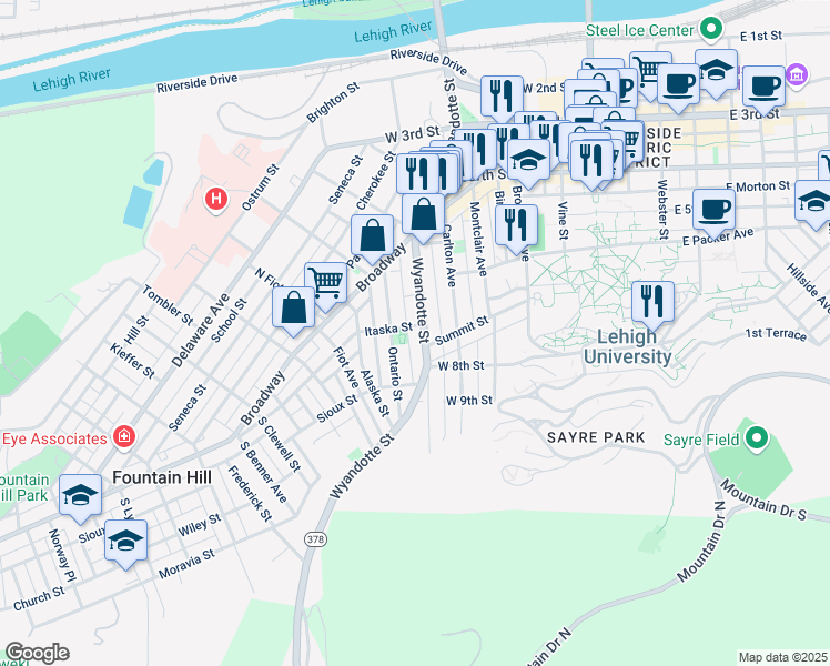 map of restaurants, bars, coffee shops, grocery stores, and more near 630 Bradley Street in Bethlehem