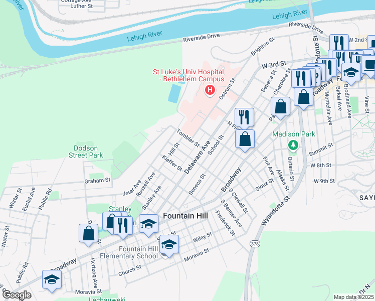 map of restaurants, bars, coffee shops, grocery stores, and more near in Fountain Hill