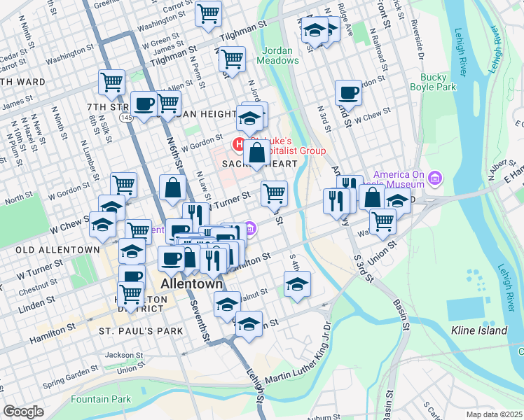 map of restaurants, bars, coffee shops, grocery stores, and more near in Allentown