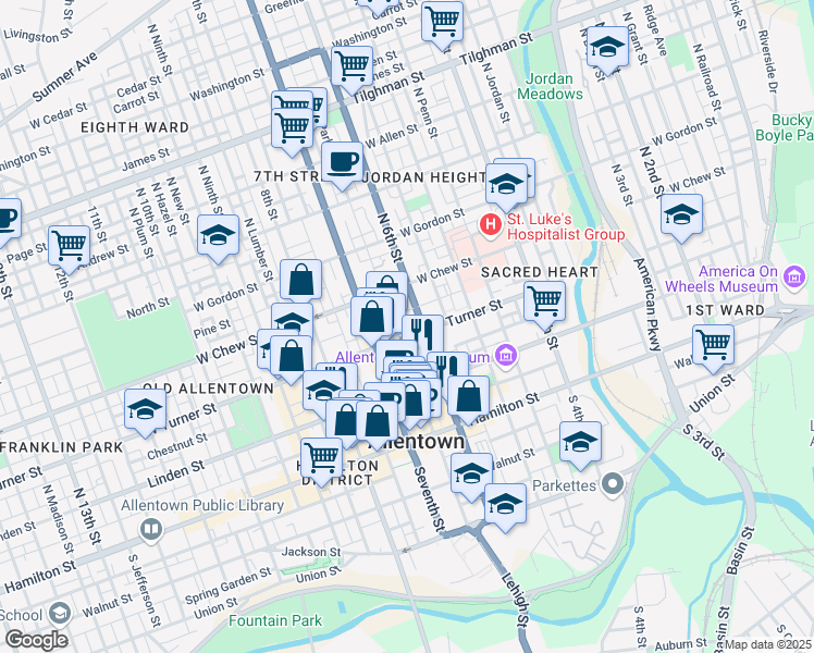 map of restaurants, bars, coffee shops, grocery stores, and more near 202 North 7th Street in Allentown