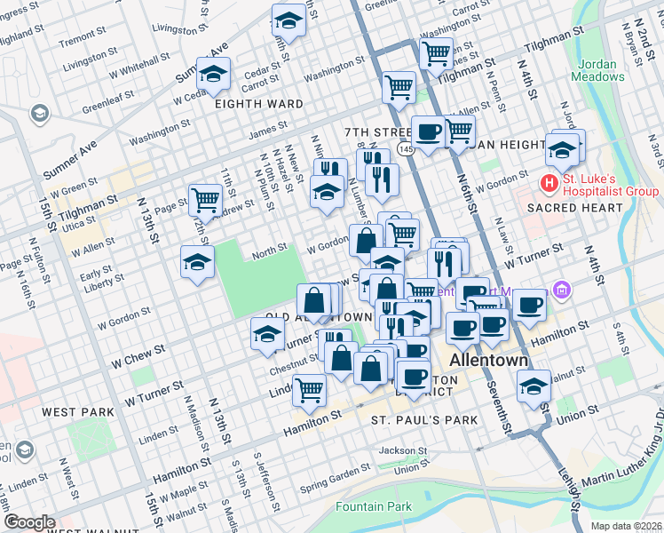 map of restaurants, bars, coffee shops, grocery stores, and more near 928 West Chew Street in Allentown