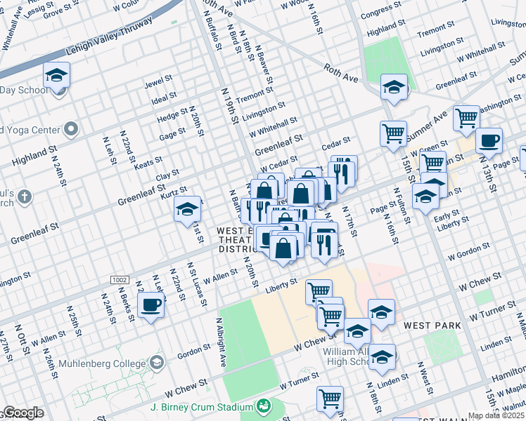 map of restaurants, bars, coffee shops, grocery stores, and more near 1901 Tilghman Street in Allentown