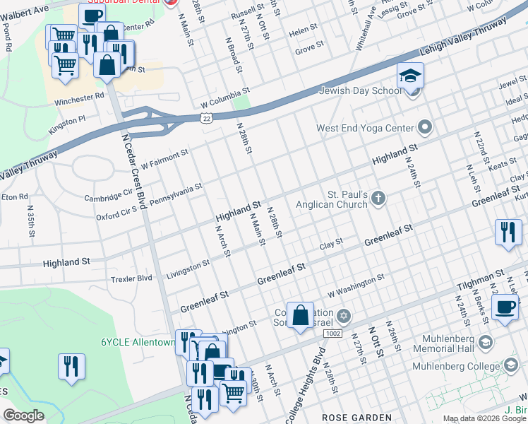 map of restaurants, bars, coffee shops, grocery stores, and more near 1021 North Main Street in Allentown