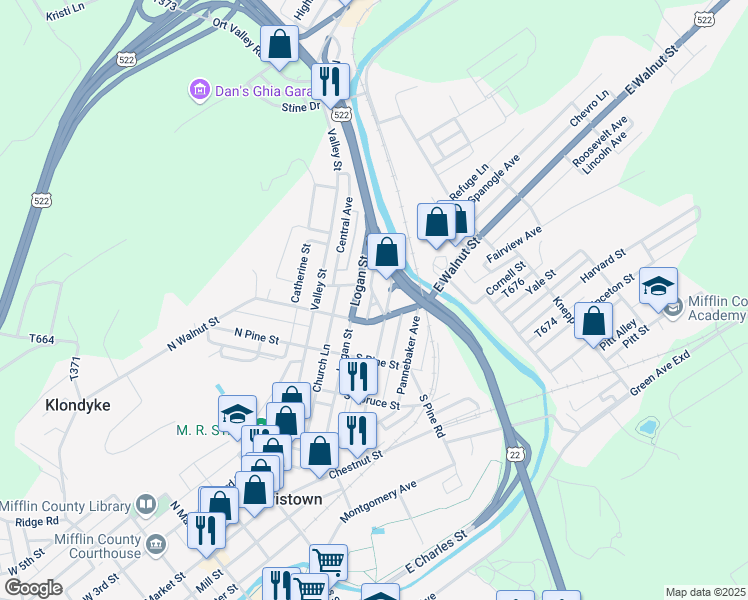 map of restaurants, bars, coffee shops, grocery stores, and more near 21 Clarion Alley in Lewistown