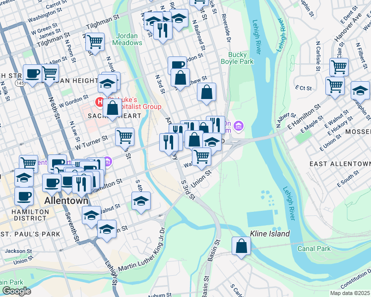 map of restaurants, bars, coffee shops, grocery stores, and more near 225 Hamilton Street in Allentown