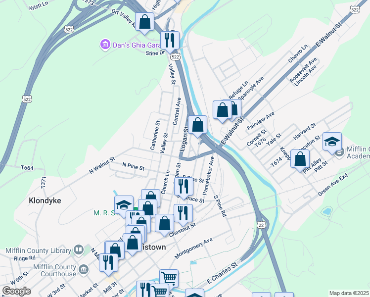 map of restaurants, bars, coffee shops, grocery stores, and more near 324 Logan Street in Lewistown
