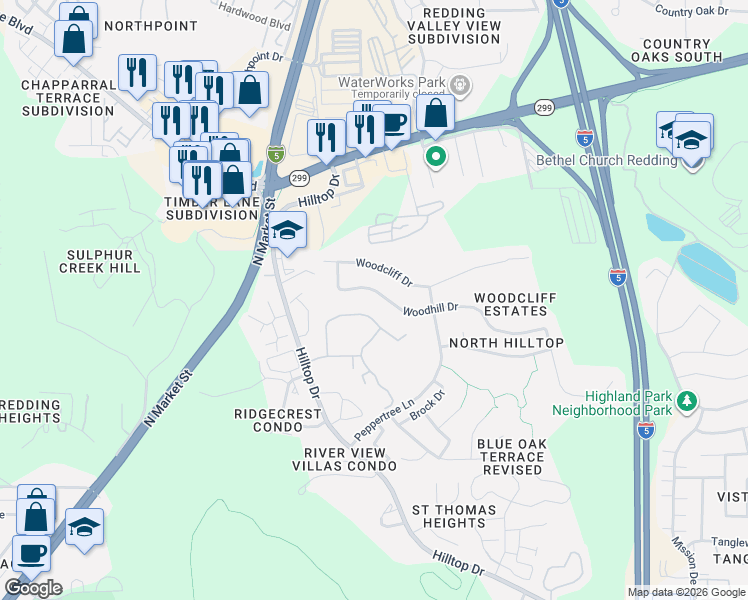 map of restaurants, bars, coffee shops, grocery stores, and more near 263 Woodhill Dr in Redding