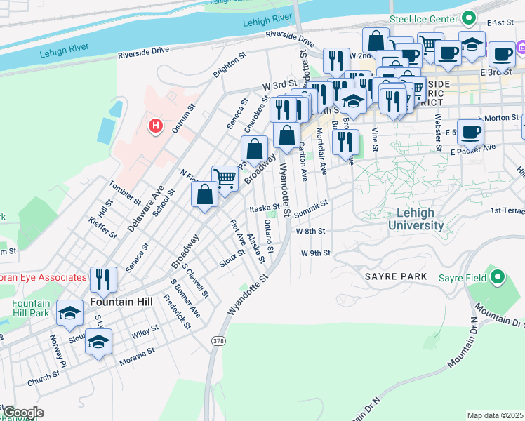 map of restaurants, bars, coffee shops, grocery stores, and more near 623 Jischke Street in Bethlehem