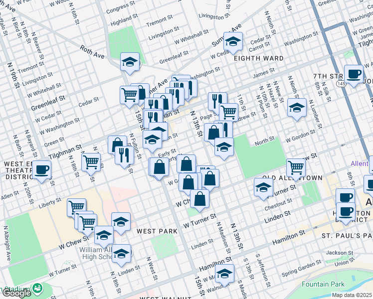 map of restaurants, bars, coffee shops, grocery stores, and more near 1352 Liberty Street in Allentown