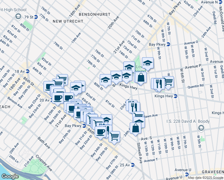 map of restaurants, bars, coffee shops, grocery stores, and more near 7913 Bay Parkway in Brooklyn