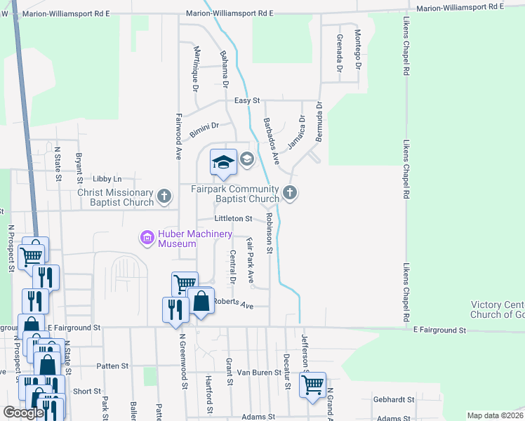 map of restaurants, bars, coffee shops, grocery stores, and more near 571 Littleton Street in Marion