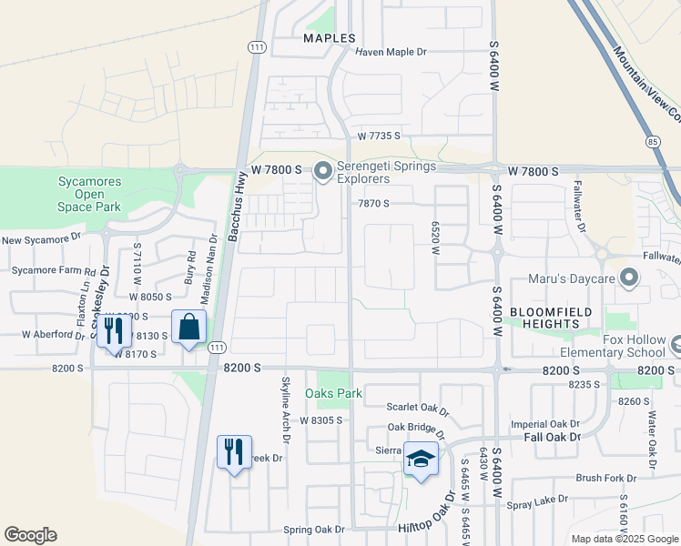 map of restaurants, bars, coffee shops, grocery stores, and more near 8009 Hayden Park Street in West Jordan