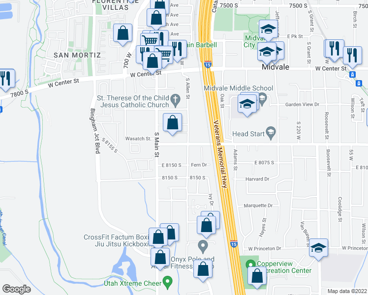 map of restaurants, bars, coffee shops, grocery stores, and more near 607 Wasatch Street in Midvale