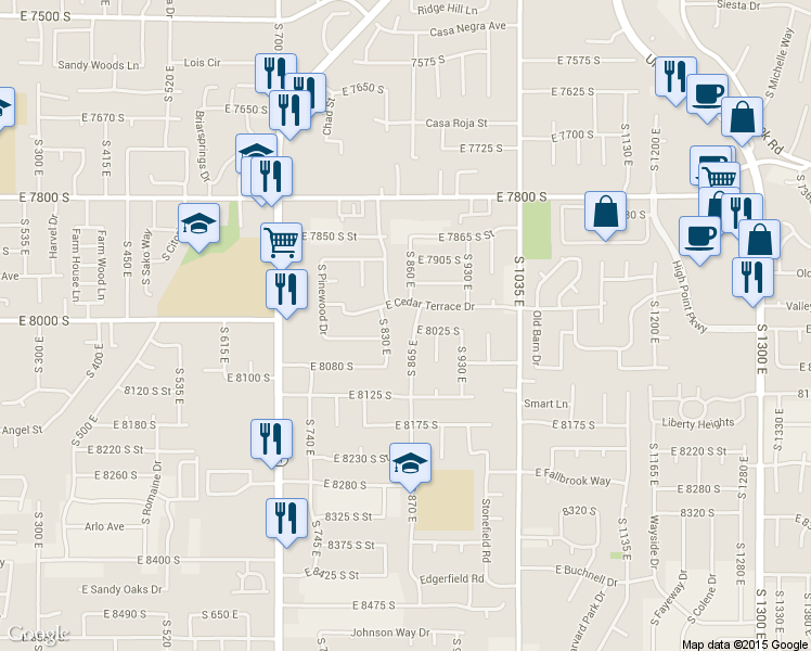 map of restaurants, bars, coffee shops, grocery stores, and more near 8012 South 865 East in Sandy