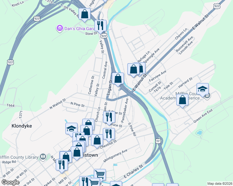 map of restaurants, bars, coffee shops, grocery stores, and more near 208 South Walnut Street in Lewistown