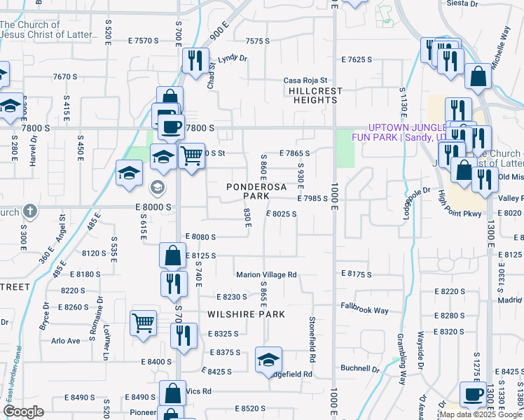 map of restaurants, bars, coffee shops, grocery stores, and more near 8012 South 865 East in Sandy