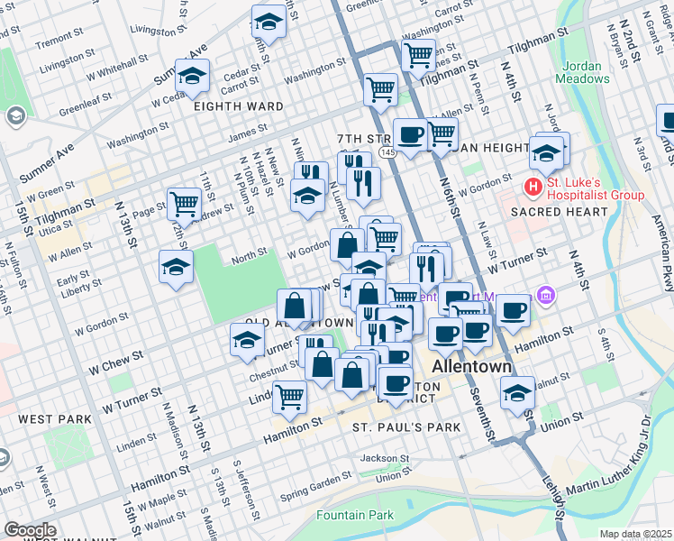 map of restaurants, bars, coffee shops, grocery stores, and more near 928 West Chew Street in Allentown