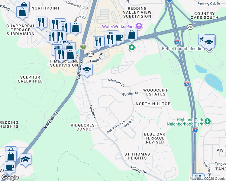map of restaurants, bars, coffee shops, grocery stores, and more near 263 Woodhill Dr in Redding