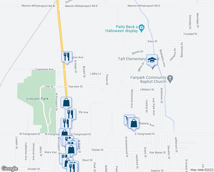 map of restaurants, bars, coffee shops, grocery stores, and more near 999 Paula Drive in Marion