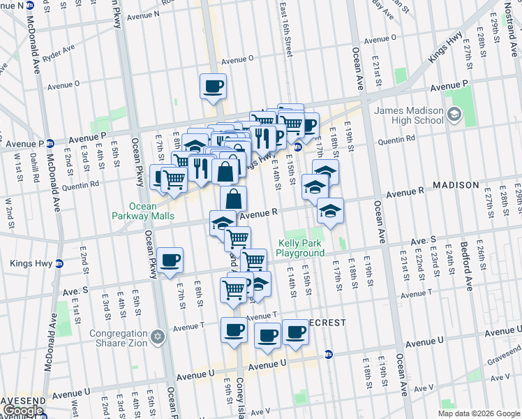 map of restaurants, bars, coffee shops, grocery stores, and more near 1225 Avenue R in Brooklyn