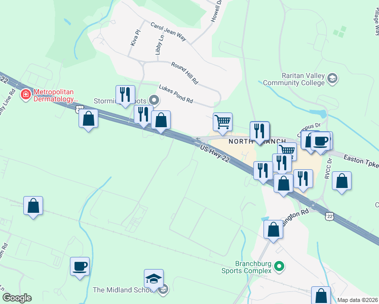 map of restaurants, bars, coffee shops, grocery stores, and more near 3301 U.S. 22 in Branchburg