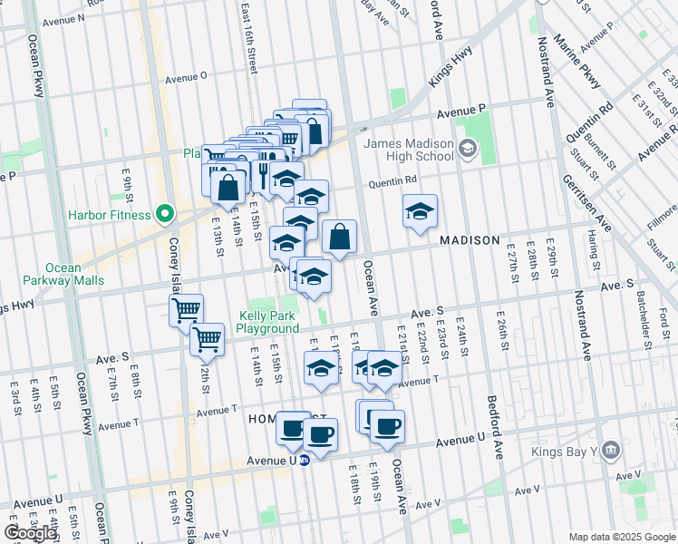 map of restaurants, bars, coffee shops, grocery stores, and more near 1845 East 18th Street in Brooklyn
