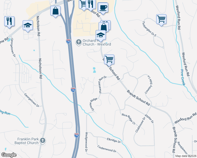 map of restaurants, bars, coffee shops, grocery stores, and more near 2559B Pheasant Run in Wexford