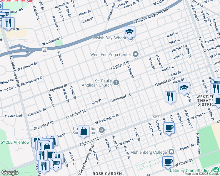 map of restaurants, bars, coffee shops, grocery stores, and more near 1018 North Glenwood Street in Allentown