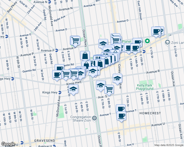 map of restaurants, bars, coffee shops, grocery stores, and more near 1755 Ocean Parkway in Brooklyn