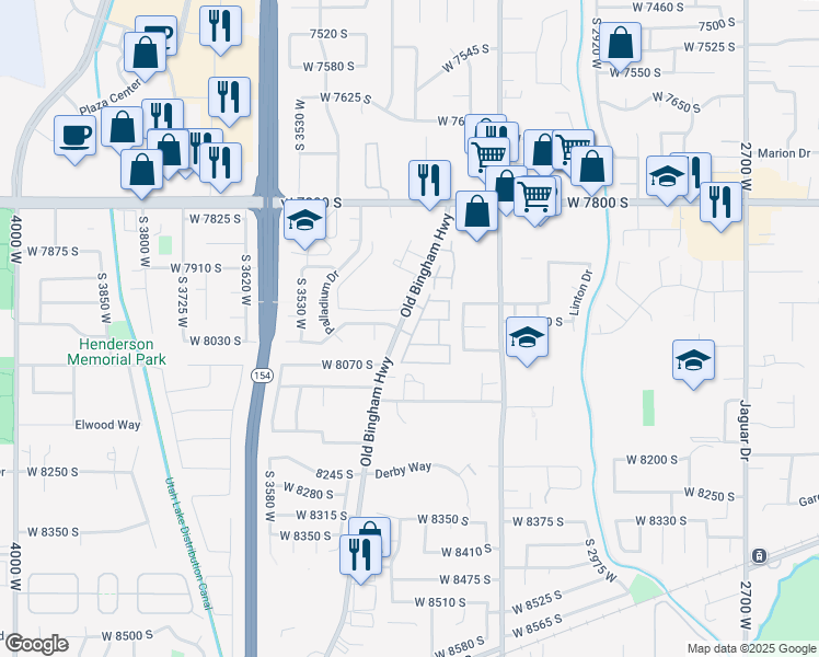 map of restaurants, bars, coffee shops, grocery stores, and more near 8008 South Lismore Lane in West Jordan