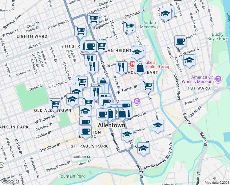 map of restaurants, bars, coffee shops, grocery stores, and more near 533 Oak Street in Allentown
