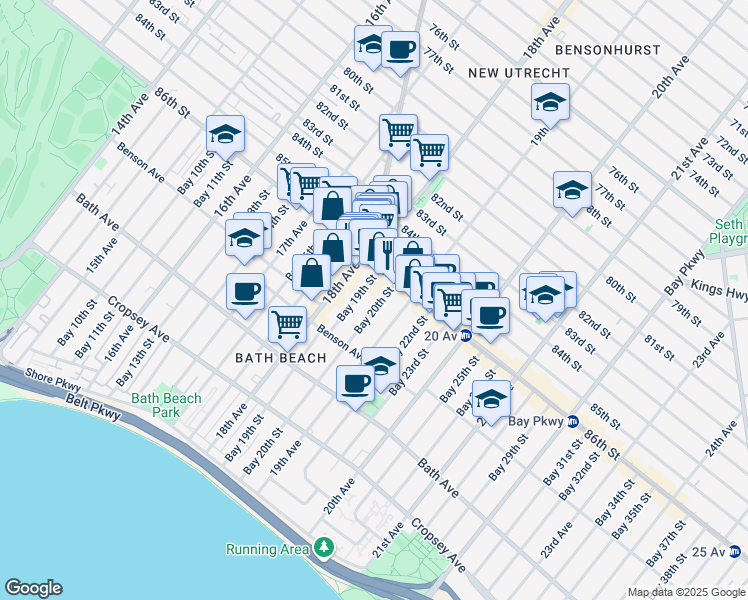 map of restaurants, bars, coffee shops, grocery stores, and more near 18 Bay 19th Street in Brooklyn