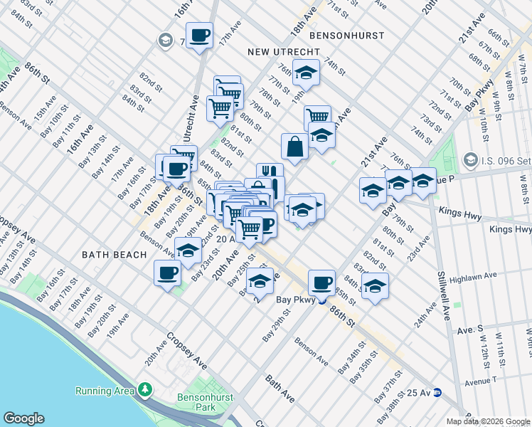 map of restaurants, bars, coffee shops, grocery stores, and more near 20th Ave & 84th St in Brooklyn