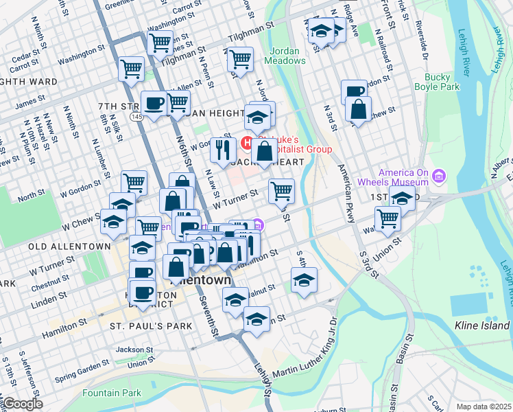 map of restaurants, bars, coffee shops, grocery stores, and more near 125 North Penn Street in Allentown