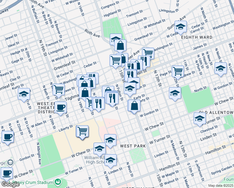 map of restaurants, bars, coffee shops, grocery stores, and more near 1539 West Allen Street in Allentown