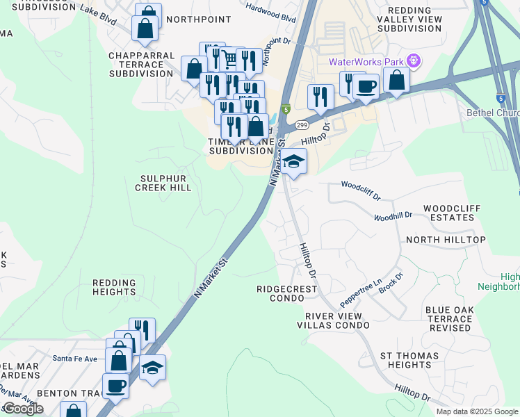 map of restaurants, bars, coffee shops, grocery stores, and more near 140 North Market Street in Redding
